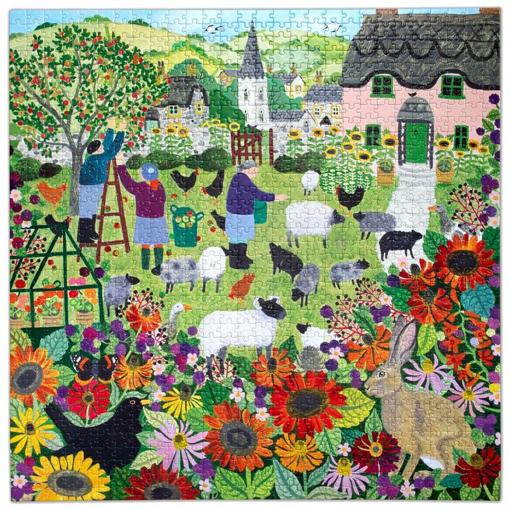 Colorful illustration of a village scene with people, animals, and flowers.