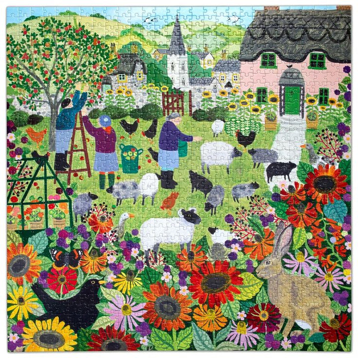 Colorful illustration of a village scene with people, animals, and flowers.
