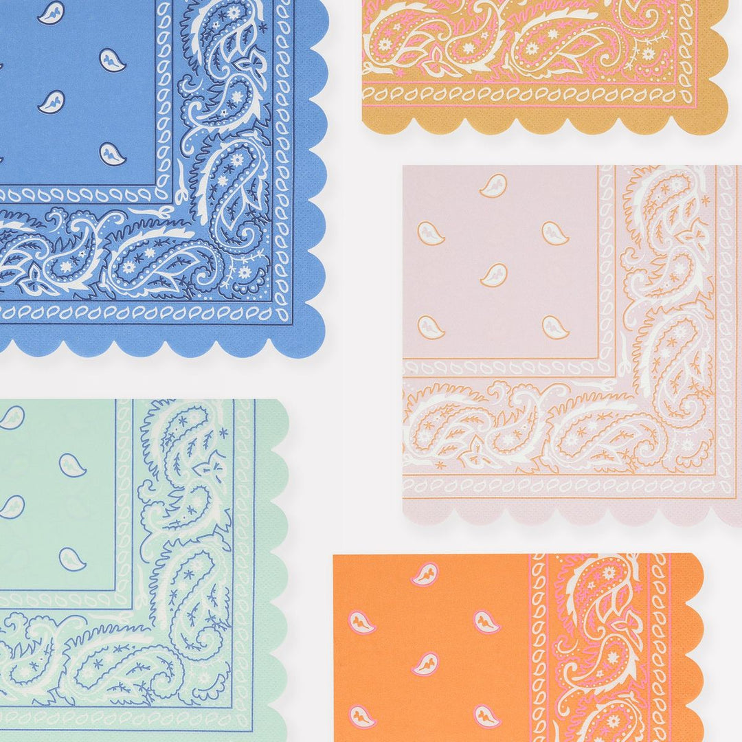 Collection of bandana patterns in pastel colors with paisley designs.