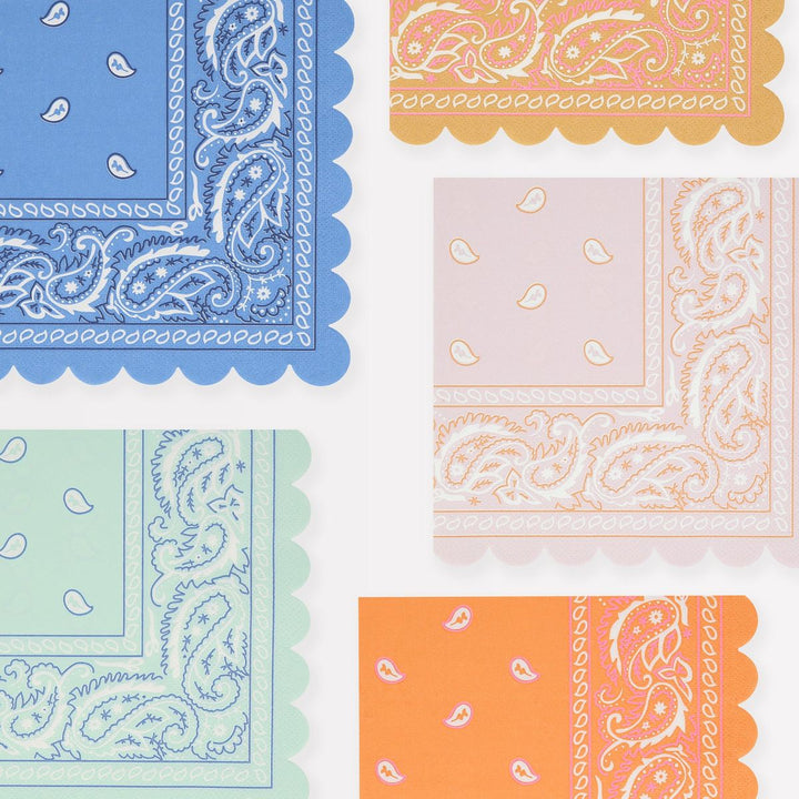Collection of bandana patterns in pastel colors with paisley designs.