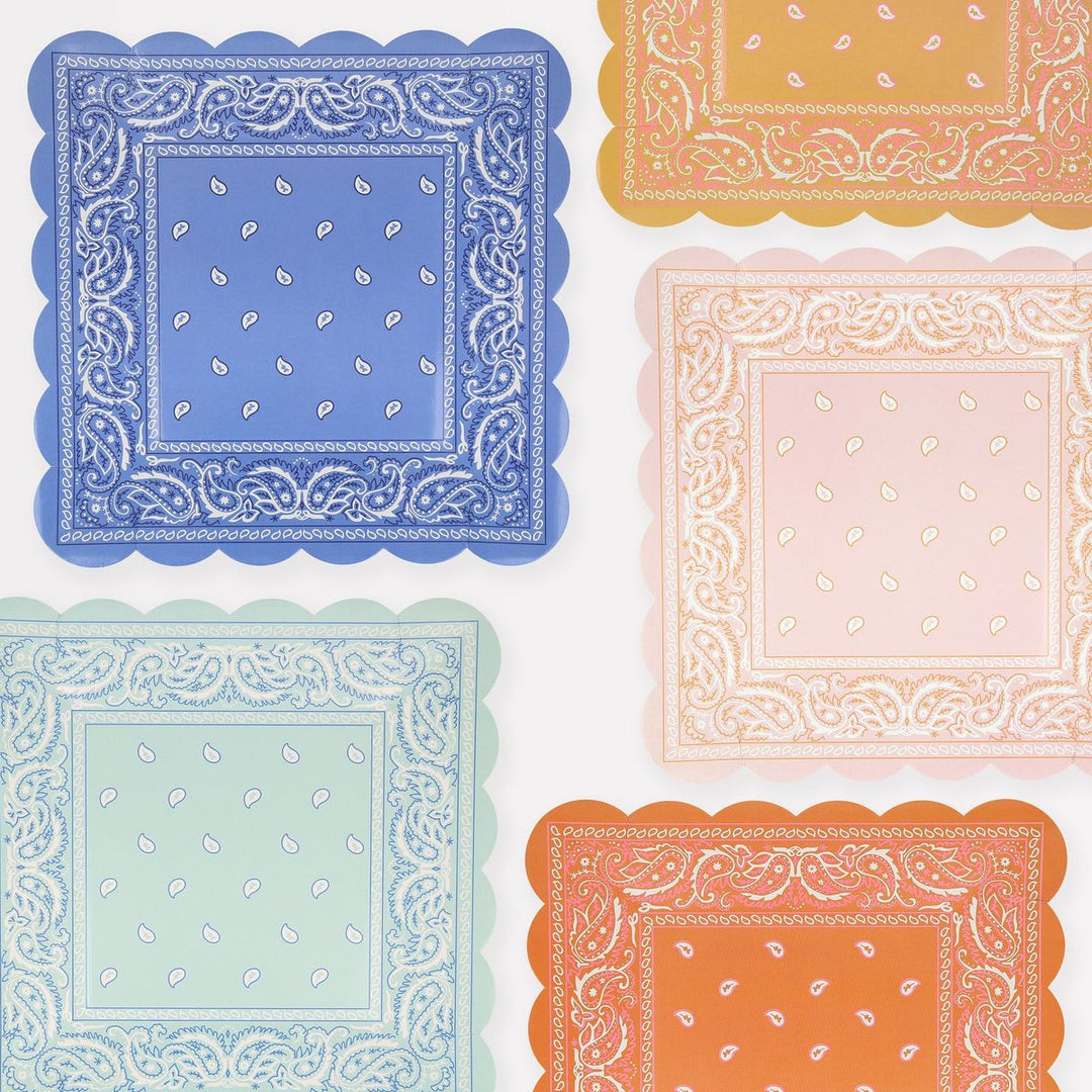 Set of colorful bandana patterns in blue, orange, pink, and green on a white background.