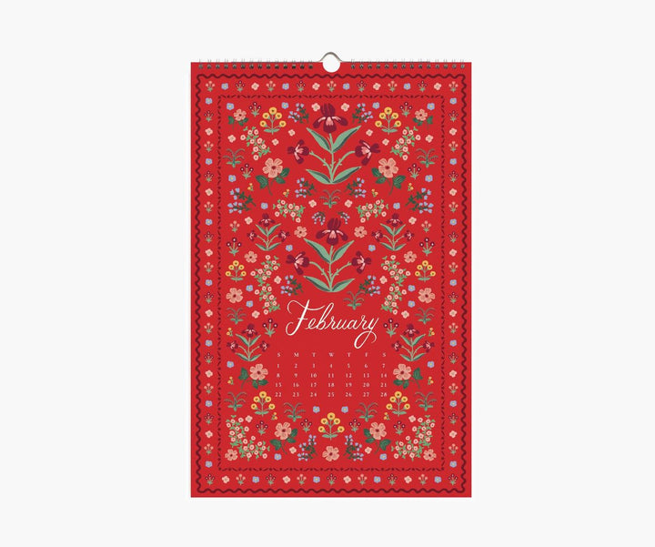 Floral-patterned calendar for February on a red background