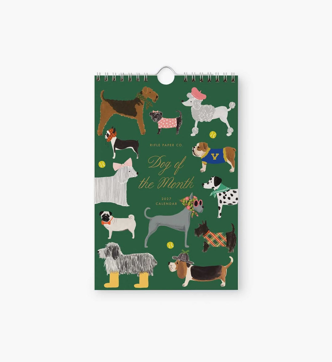 Calendar with illustrations of dogs on a green background