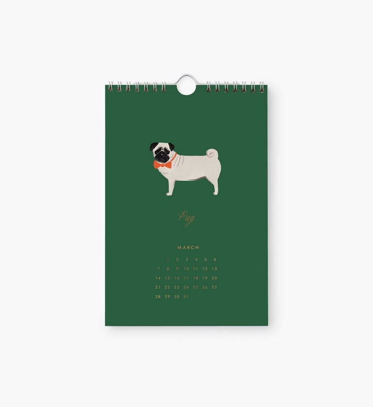 A hanging desk calendar for March featuring a stylized illustration of a pug wearing an orange bow tie on a dark green cover, with a spiral wire binding at the top.