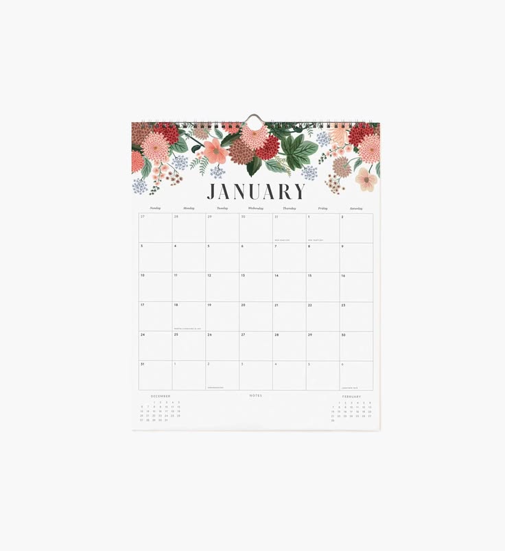 A single-page January desk calendar with a floral border at the top, shown hanging against a plain light background.