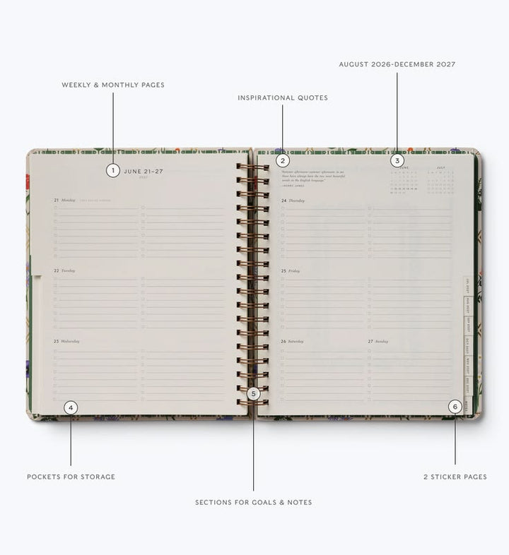 An open spiral-bound planner shown from above on a light gray background, with callout lines labeling features such as weekly and monthly pages, inspirational quotes, pockets for storage, sections for goals and notes, and sticker pages.