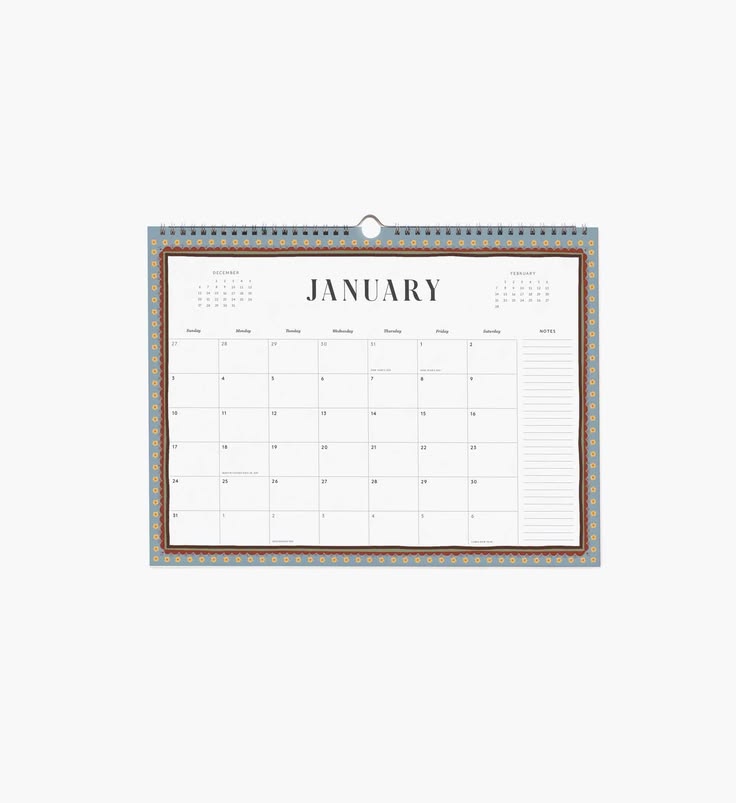 A single-page January desk calendar with a floral border at the top, shown hanging against a plain light background.