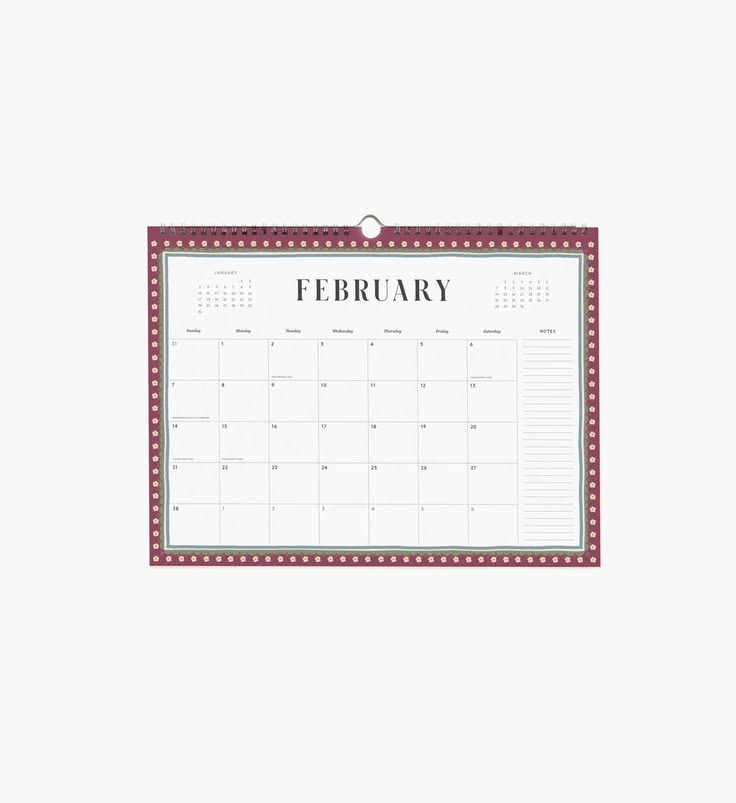 A hanging February calendar page with a burgundy border, white center, and printed monthly grid layout, shown against a light gray background.