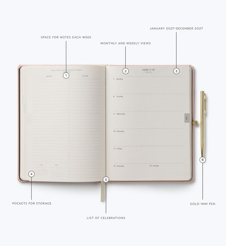 Open planner with a pen on a white background
