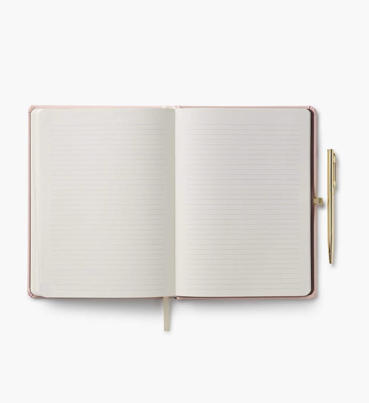 An open lined notebook with a thin rose gold cover and a matching rose gold ribbon bookmark, shown on a clean white background with a gold pen placed to the right.