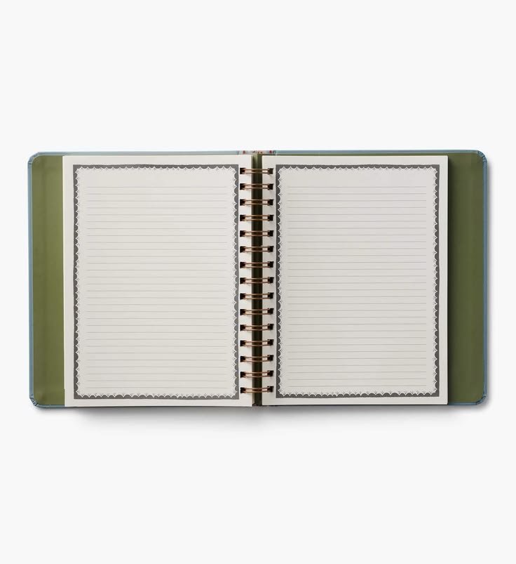 An open spiral-bound notebook with lined pages, featuring an olive green cover and a gold-toned spiral binding, shown against a plain white background.