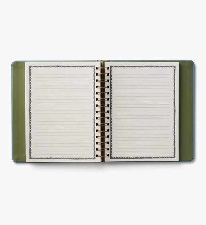 An open spiral-bound notebook with lined pages, featuring an olive green cover and a gold-toned spiral binding, shown against a plain white background.
