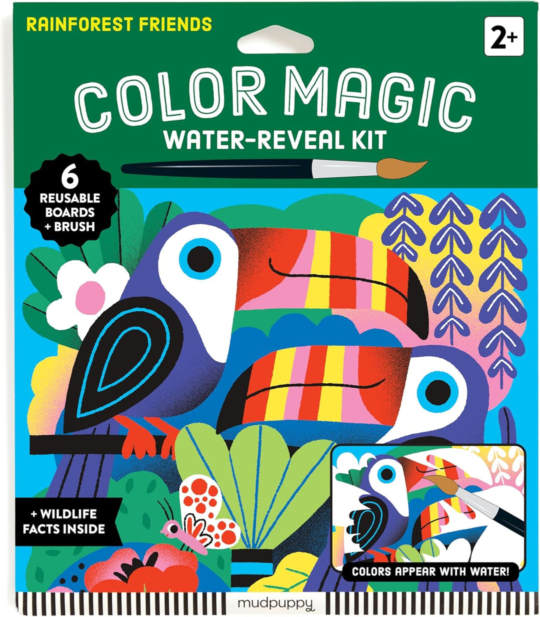 Color Magic water-reveal kit packaging with a toucan design on a green background