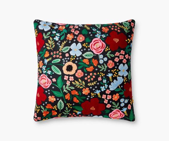 Wild Rose Embroidered Pillow - Black - Rifle Papaer Co x Loloi