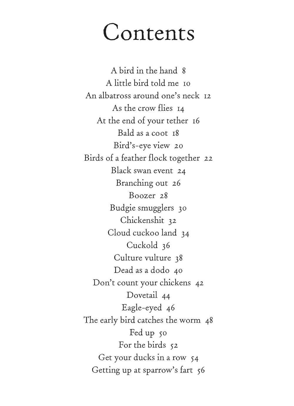 A printed contents page showing the table of contents for a book or booklet with black serif text on a white background.