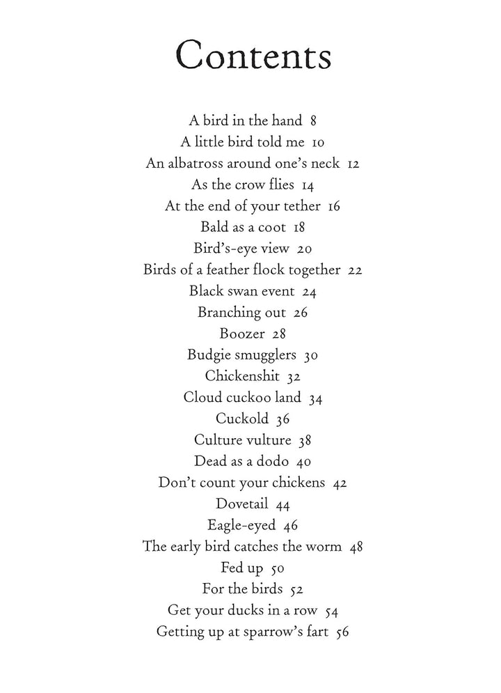 A printed contents page showing the table of contents for a book or booklet with black serif text on a white background.
