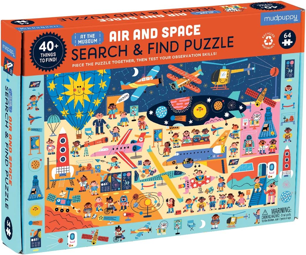 Box of a 'Search & Find Puzzle' themed around air and space with colorful illustrations.