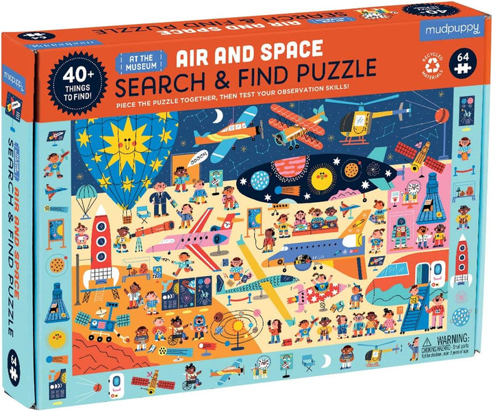 Box of a 'Search & Find Puzzle' themed around air and space with colorful illustrations.