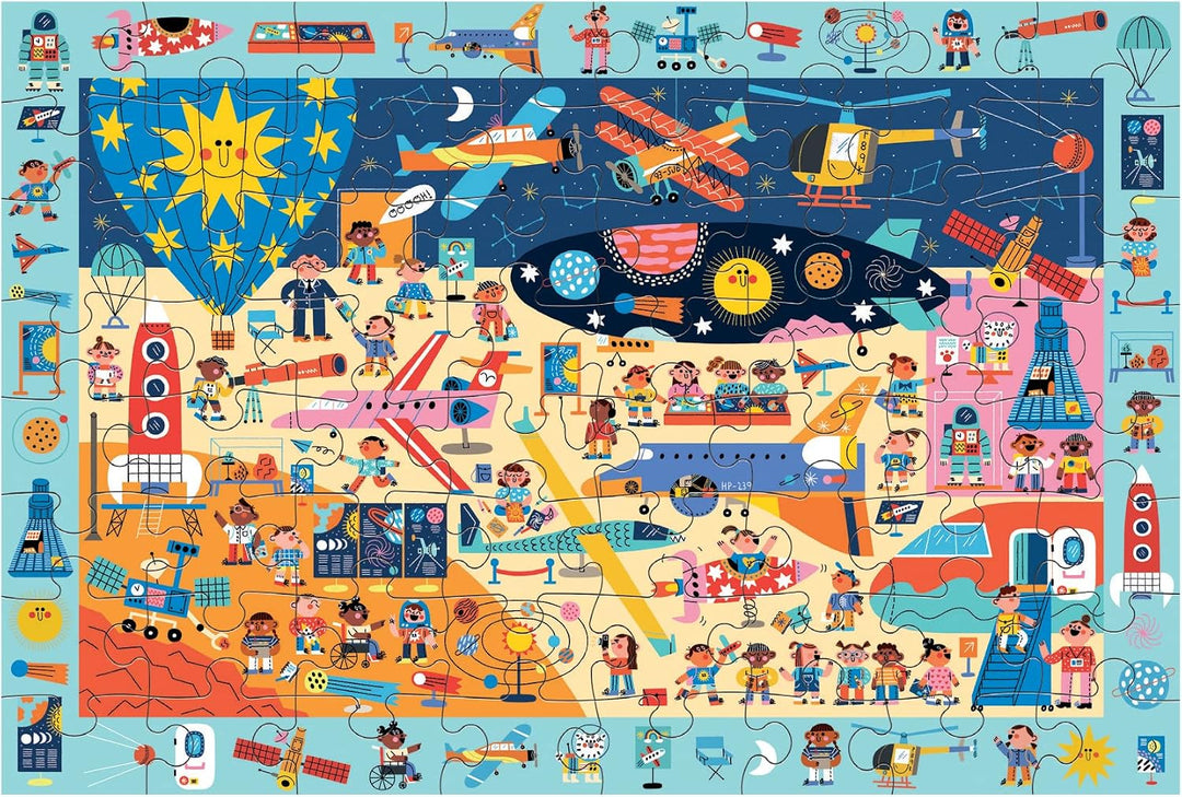 Colorful children's puzzle with various illustrations of vehicles and activities.