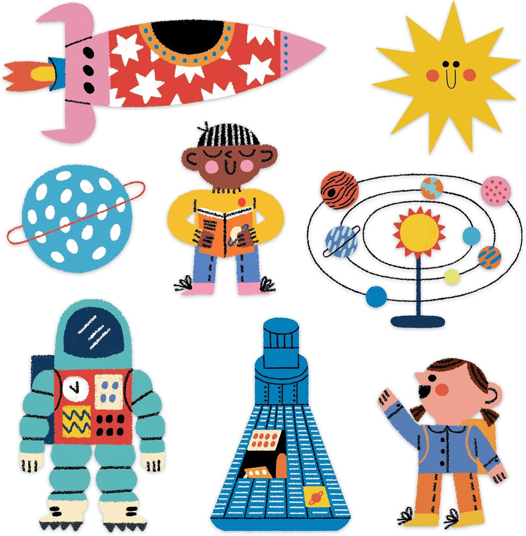 Illustrations of space-themed items including a rocket, sun, planets, and astronauts on a white background.