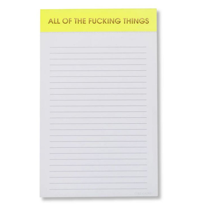 Notepad with text 'All of the Fucking Things' on a yellow banner