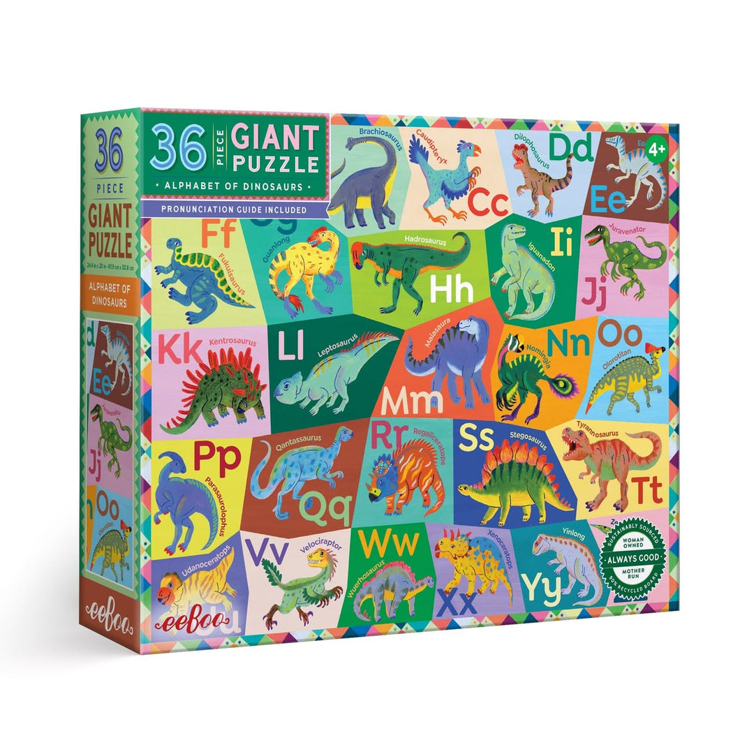 Giant puzzle box with dinosaur illustrations and alphabet letters on a white background