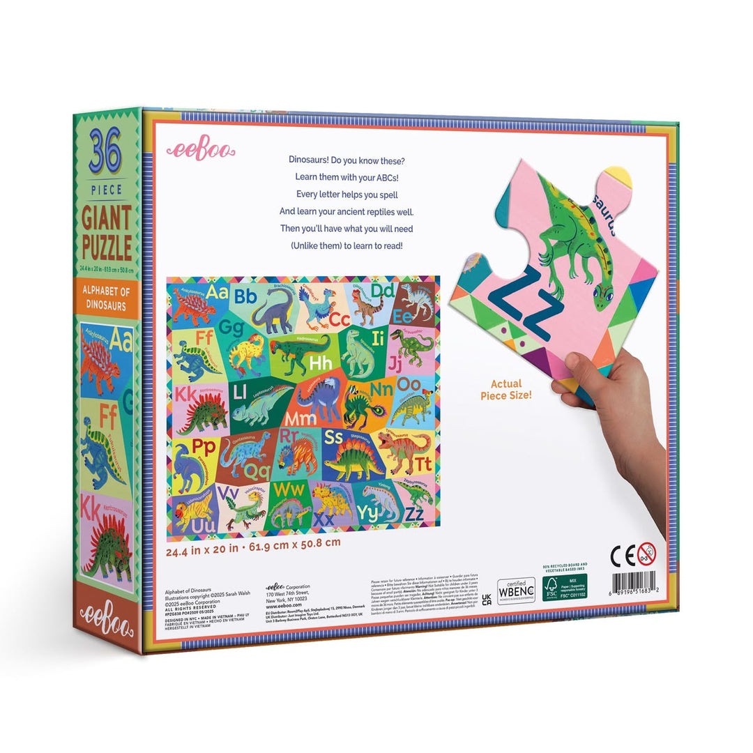 eefo dinosaur-themed giant puzzle packaging with colorful illustrations and a child's hand holding a piece.