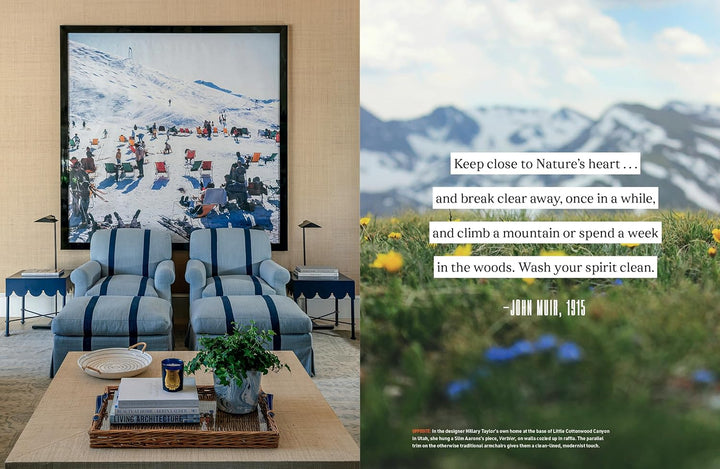 Living room with mountain-themed decor and a scenic quote on nature.