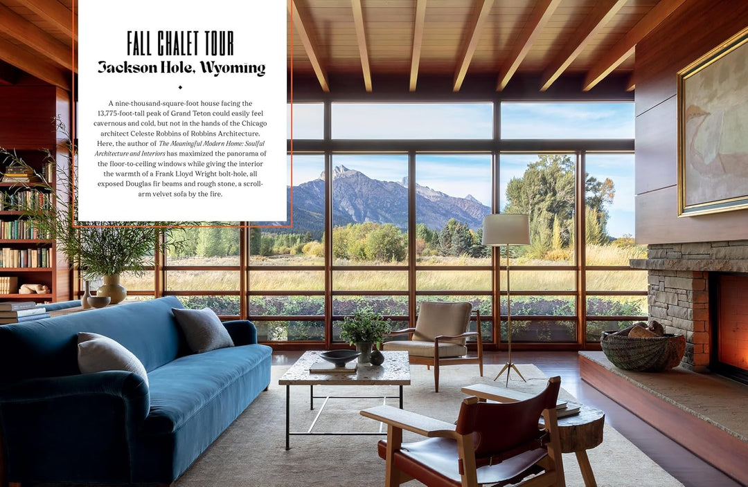 Modern living room with large windows overlooking a mountain view in Jackson Hole, Wyoming.