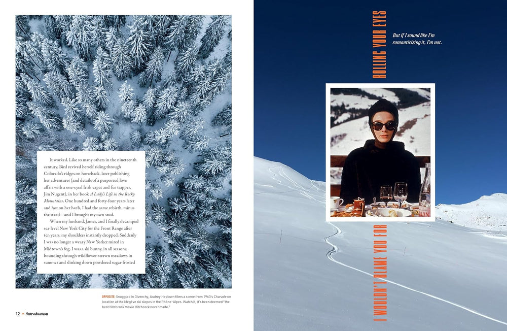 Magazine layout with snowy landscape on one side and a person at a table on the other, with text overlay.