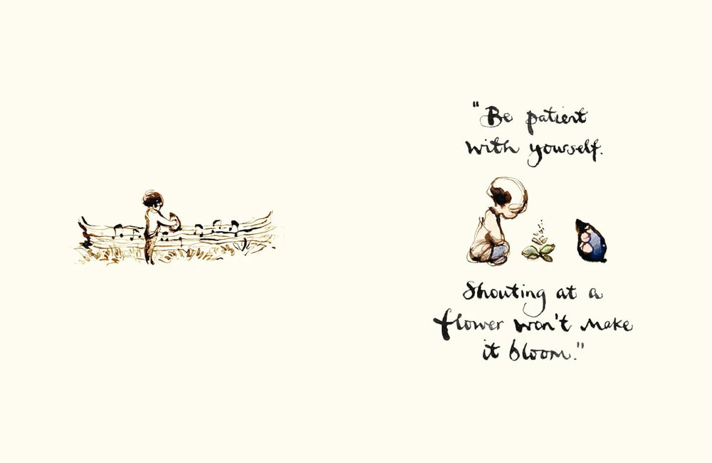 Illustration of a child in a boat with a flower and a butterfly, accompanied by a motivational quote on a white background.