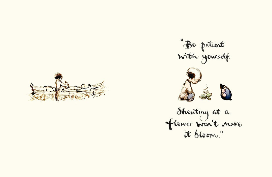 Illustration of a child in a boat with a flower and a butterfly, accompanied by a motivational quote on a white background.