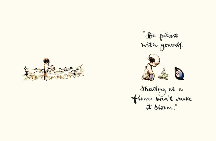 Illustration of a child in a boat with a flower and a butterfly, accompanied by a motivational quote on a white background.