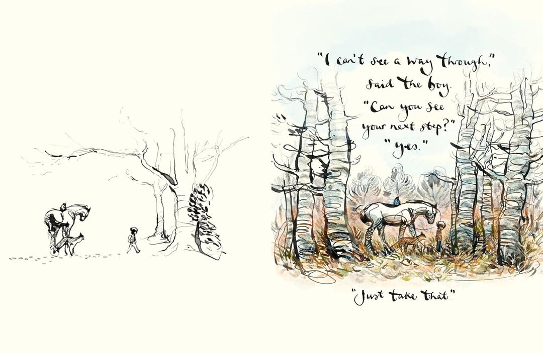 Illustration of a boy and bear in a forest with text overlay.