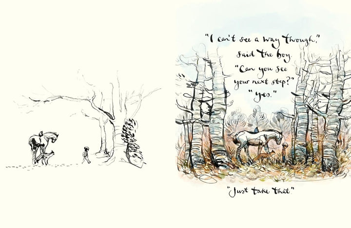 Illustration of a boy and bear in a forest with text overlay.