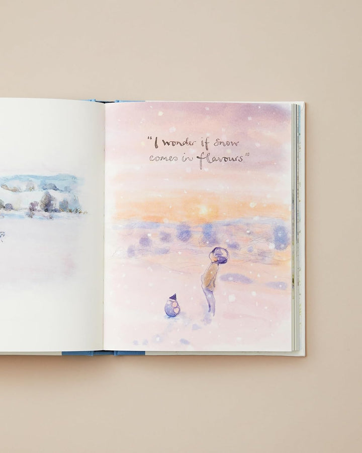 Open book with watercolor illustrations and text on a beige background