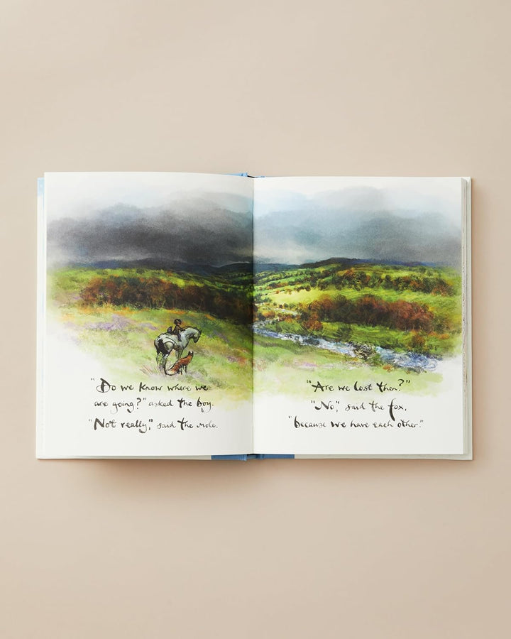 Open book with illustrations of a landscape and characters on a beige background