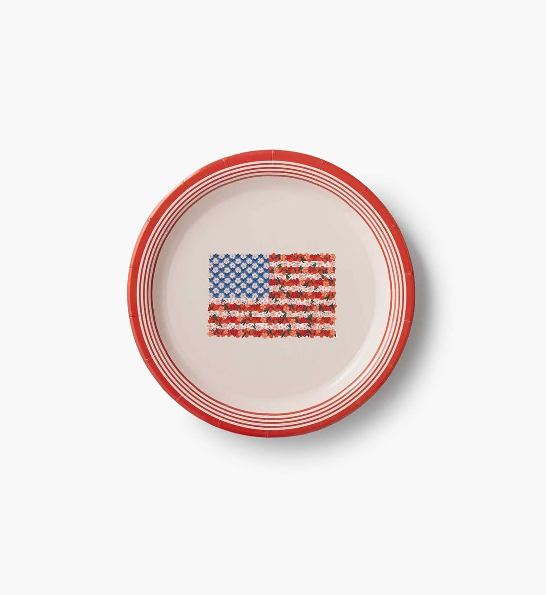 Round ceramic plate with American flag design on a white background