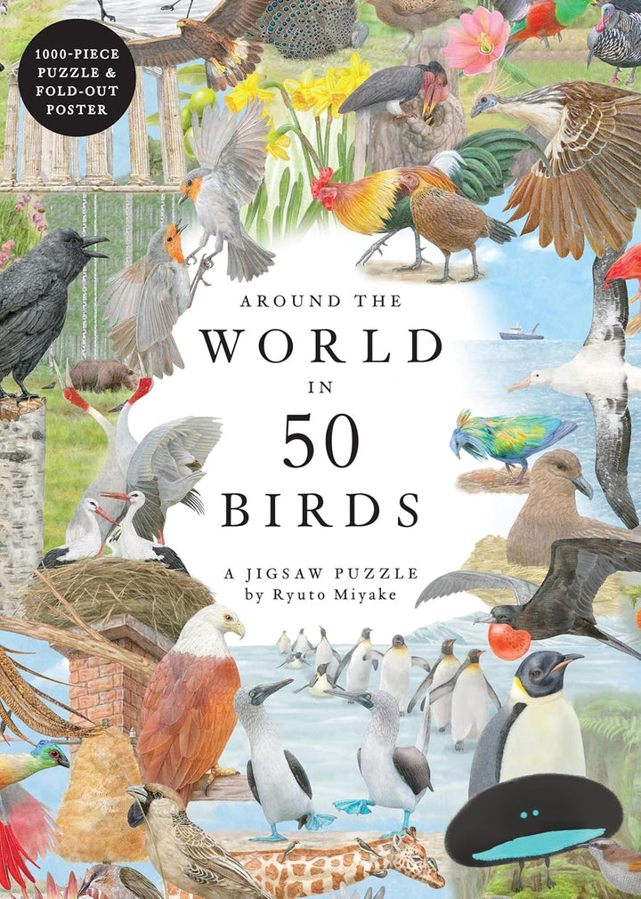 Jigsaw puzzle cover featuring various birds from around the world with a colorful design.