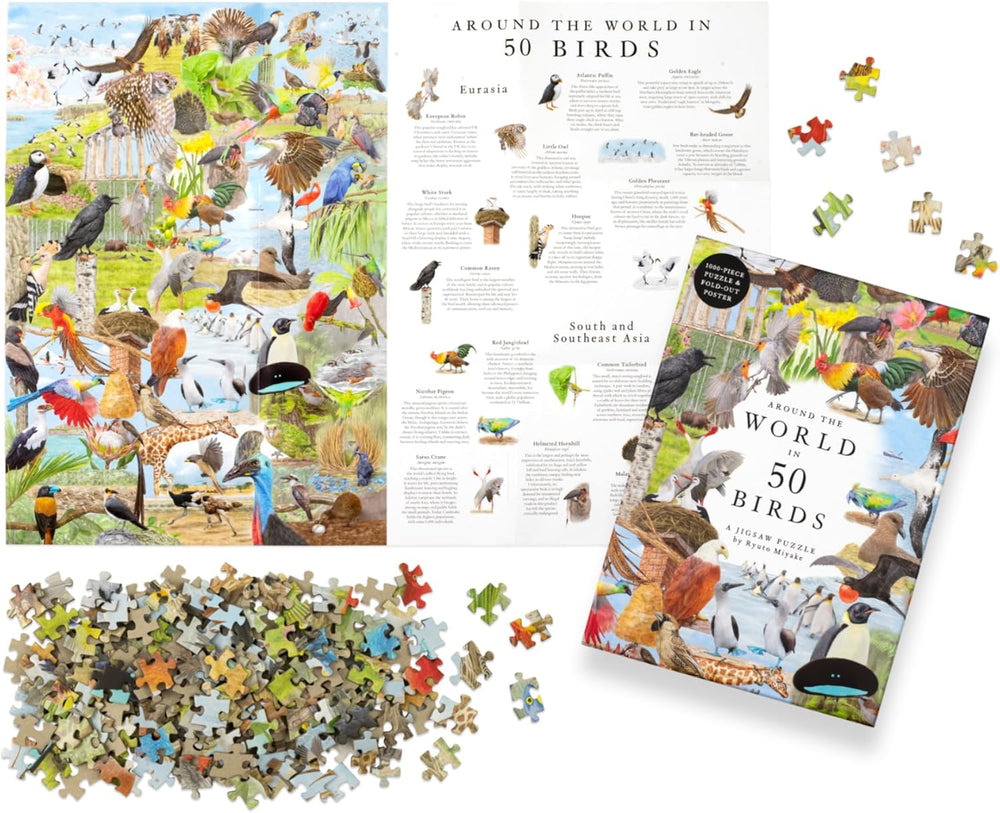 Bird-themed puzzle with pieces and packaging on a white background