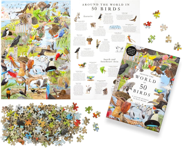 Bird-themed puzzle with pieces and packaging on a white background