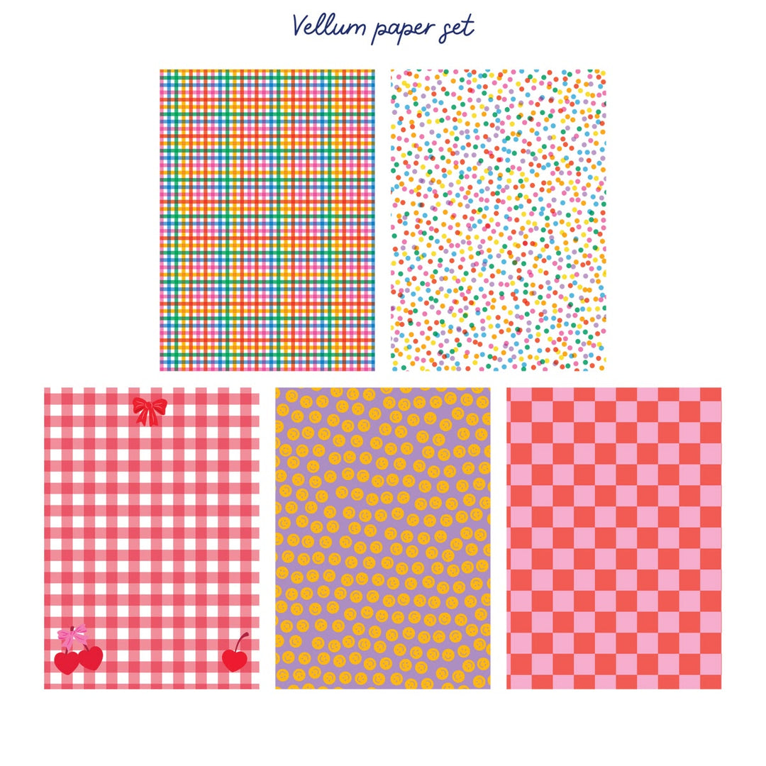 Set of colorful vellum papers with various patterns on a white background.