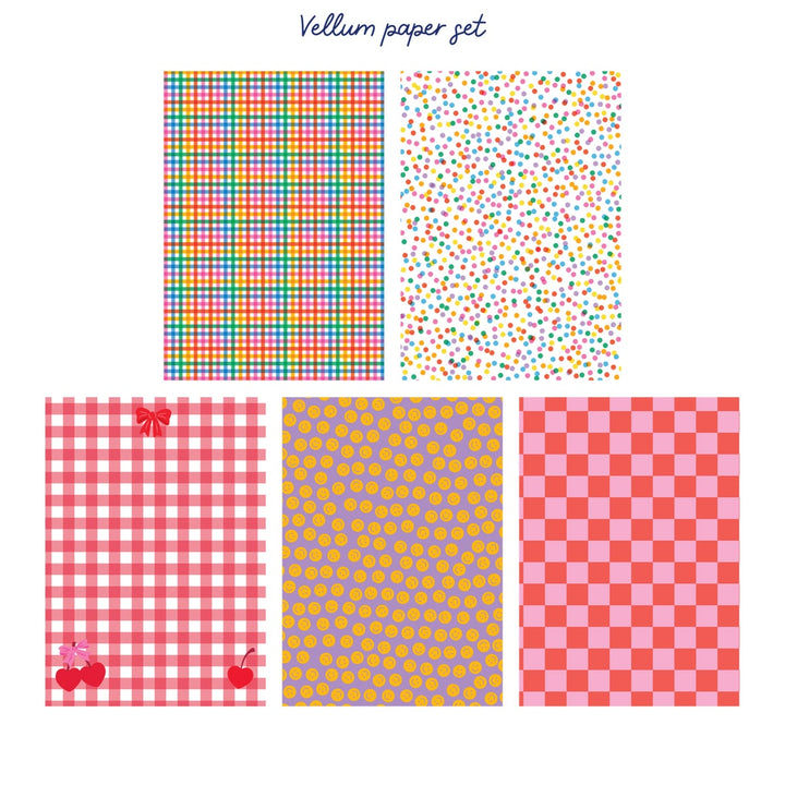 Set of colorful vellum papers with various patterns on a white background.