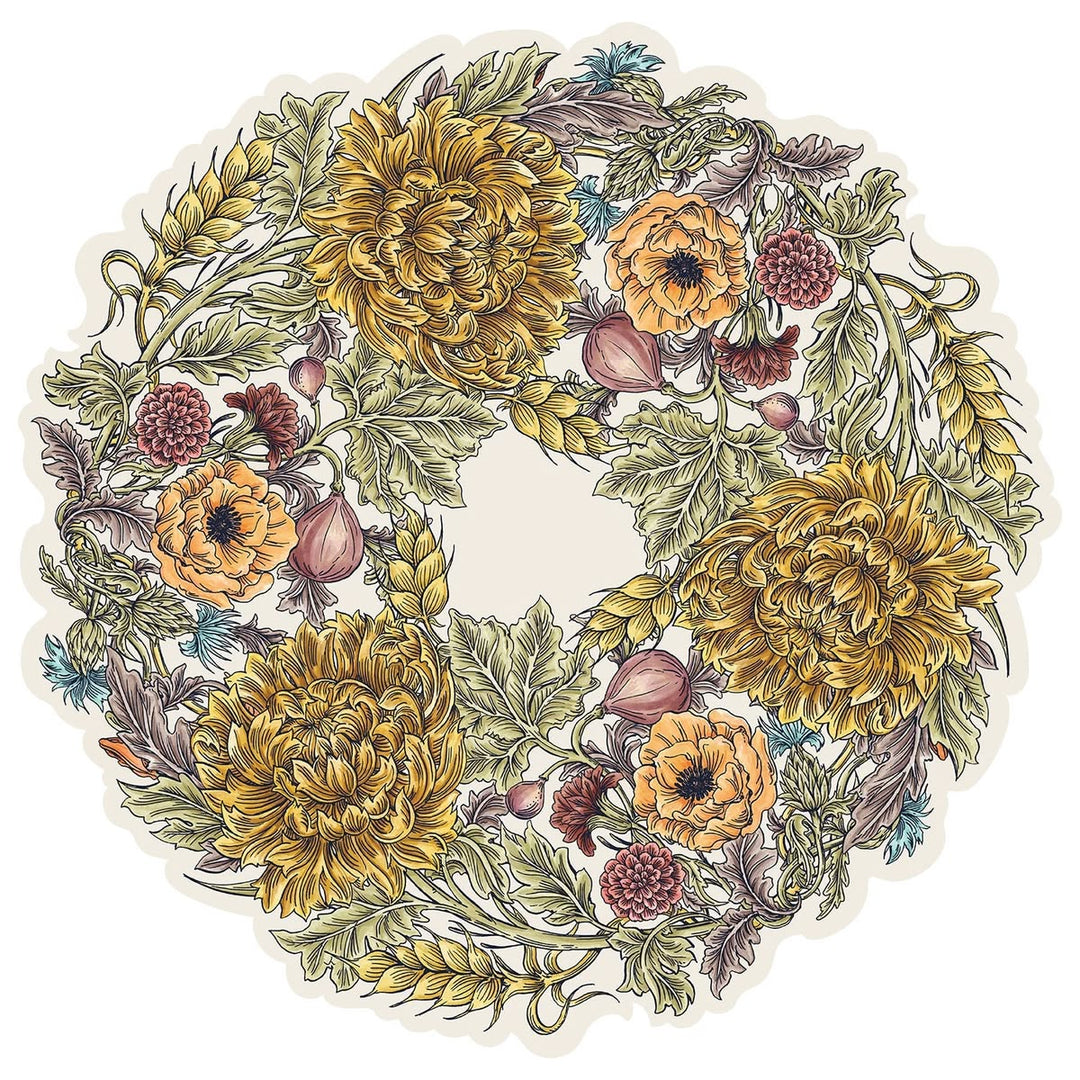 A circular floral wreath design featuring large yellow flowers, green leaves, and small red and purple blossoms, outlined in black and set on a light cream background with a die-cut border.