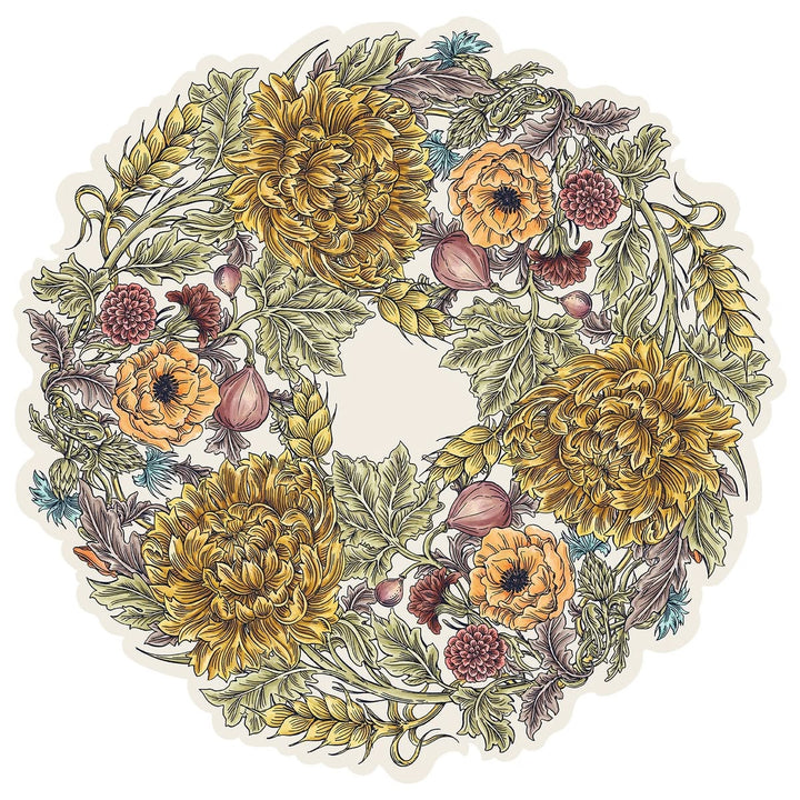 A circular floral wreath design featuring large yellow flowers, green leaves, and small red and purple blossoms, outlined in black and set on a light cream background with a die-cut border.