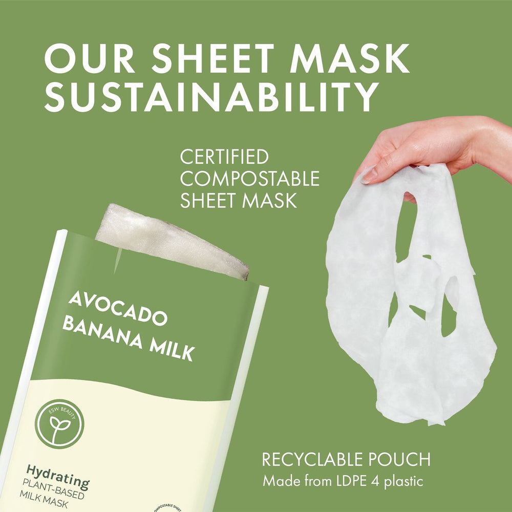 Sheet mask with compostable packaging and sustainability text on a green background