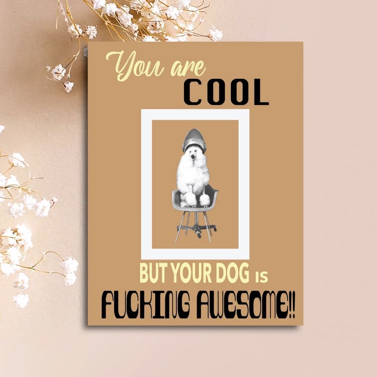 A rectangular printed card or poster with a tan background, featuring the text 'You are COOL BUT YOUR DOG IS FUCKING AWESOME!!' and a central photo of a white dog sitting on a chair. The card is displayed against a beige wall with dried white flowers at the top.