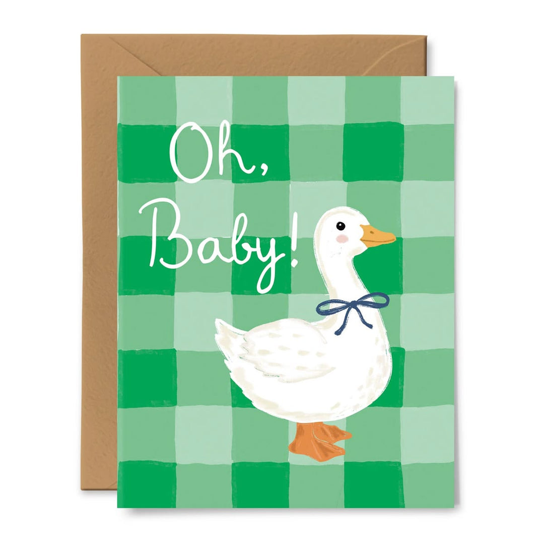 Greeting card with a duck illustration and 'Oh, Baby!' text on a green checkered background