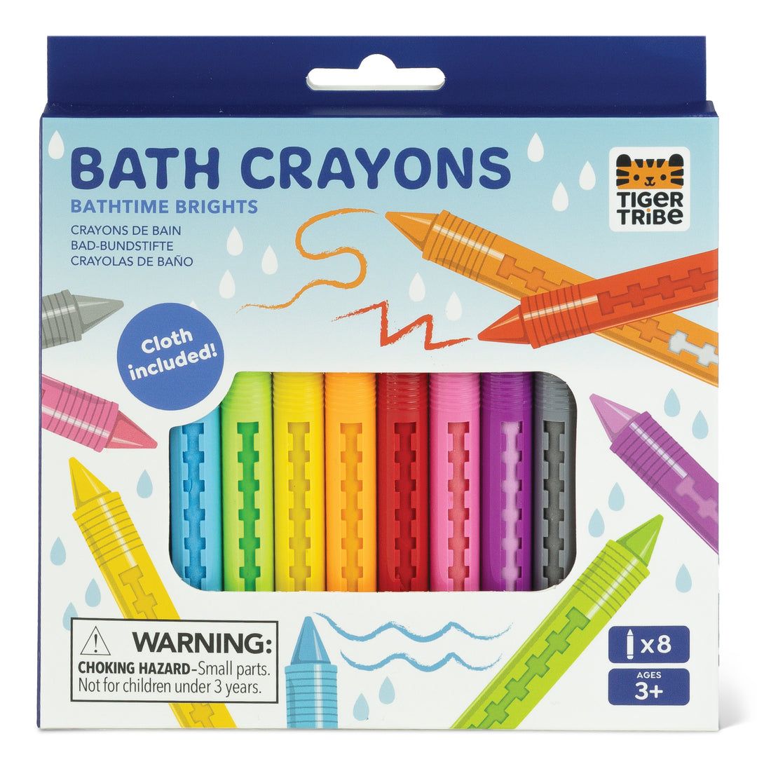 Packaging of Bath Crayons with Tiger Tribe branding on a white background