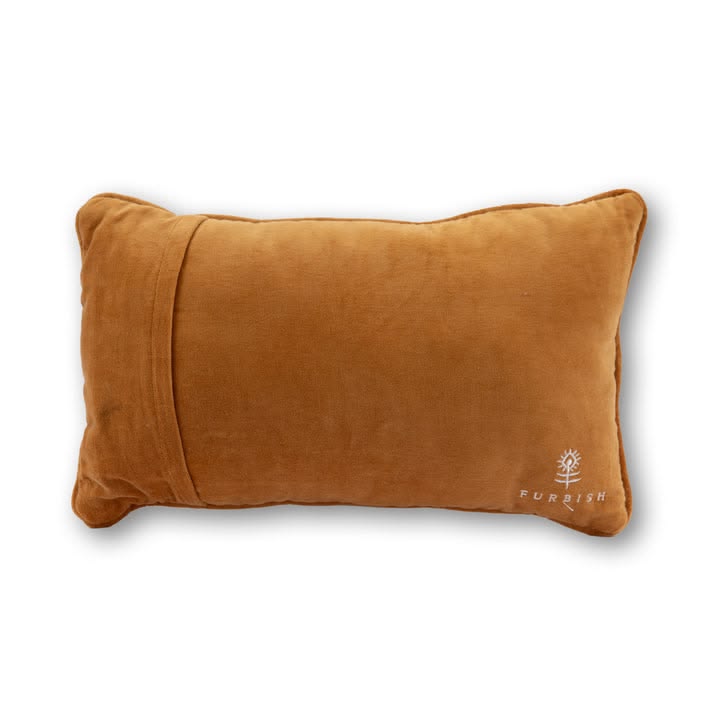 Brown pillow with a brand logo on a white background